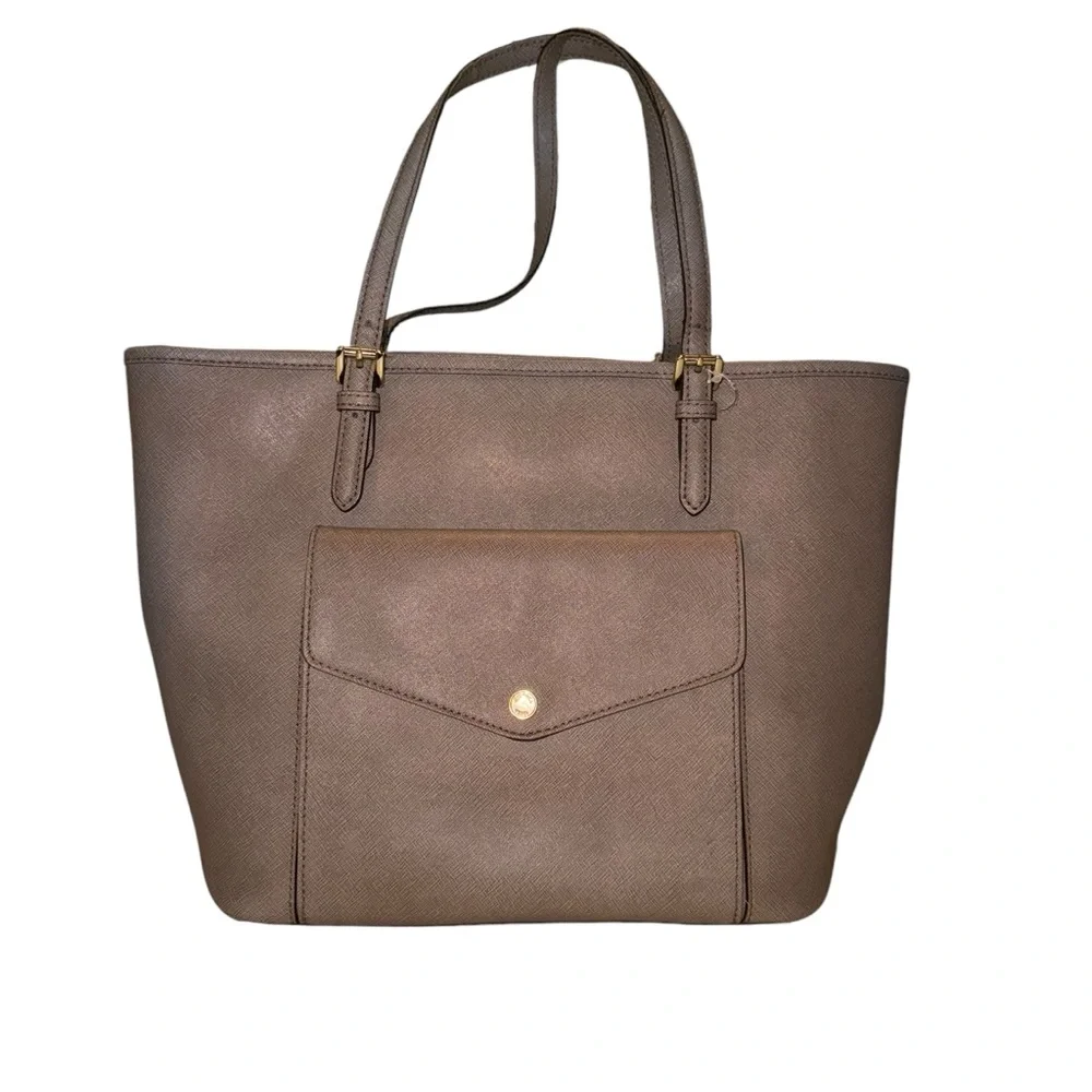 MICHAEL KORS Grey Saffiano Leather Large Jet Set Pocket Tote Shoulder Bag
